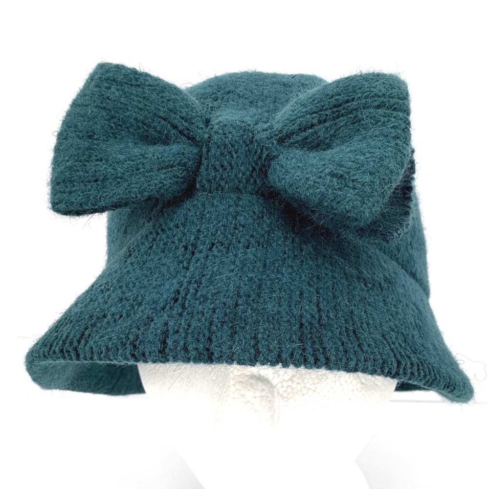 Nine West Women Fur Wool Cloche Hat Teal Blue Bow One Size